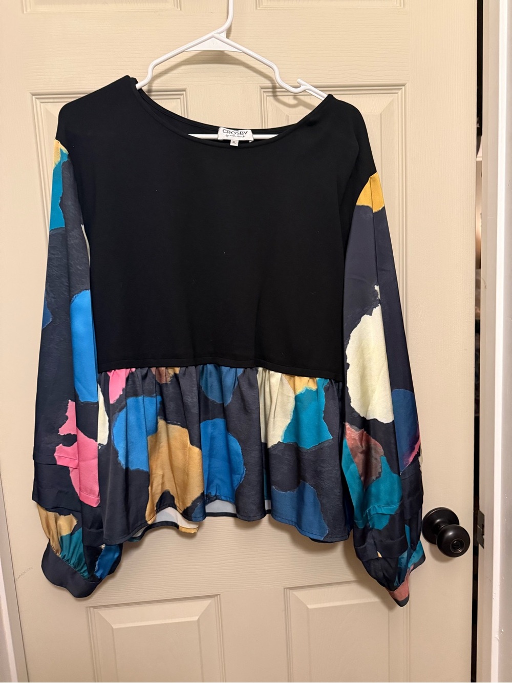 Crosby by Mollie Burch Black Peplum Top with Multicolor Abstract Print